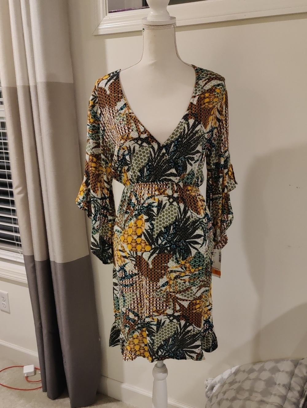 New!Velvet Torch V-Neck Floral Print Dress Mustard Y2K Cottagecore Retro Chic